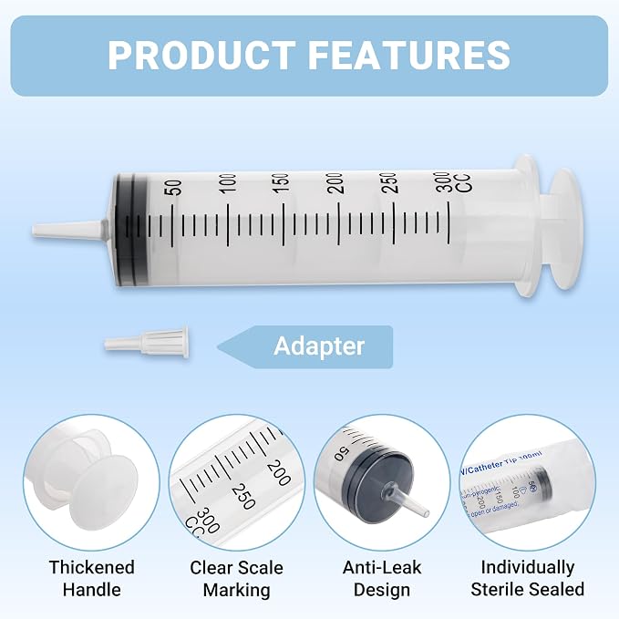 5Pack 300ml Syringe, Large Syringe for Thick Liquids with Tip Adapter, for Feeding Pets, Liquid Refilling, Drawing, Scientific Labs, Oil Transfer, Plant Watering & Refilling