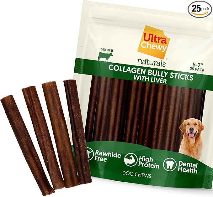 Ultra Chewy Collagen Sticks 5-7 inches (25 Pack) – Long Lasting Odor-Free, All-Natural Dog Chews – Rawhide & Bully Stick Alternative