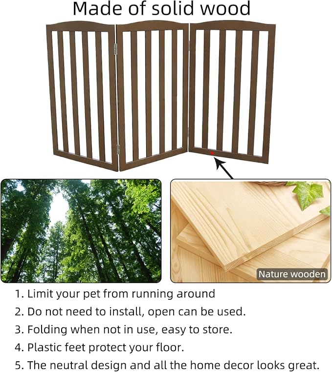 Freestanding Dog Gate Indoor,Doggie Gate Foldable Pet Gates for Doorways,Stairs or Hallways, Wooden Brown Pet Gate for the House, Pet Fence,32 "Height-3 Panels