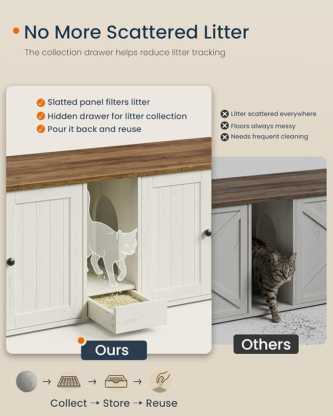 SONGMICS Home Cat Litter Box Enclosure, Snapsemble Superfast Assembly, Double Litter Box Furniture Cabinet Hidden with Collection Drawer, Hooks, Cat House, Rustic White and Honey Brown UPCL235WJ02S