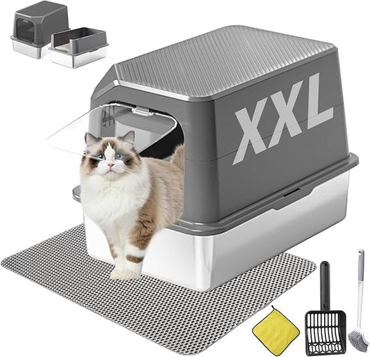 Extra Large Stainless Steel Cat Litter Box Enclosed with Lid - 23.6" x 15.7" x 16.5" Metal Cat Litter Box XXL, Front Entry High Side Kitty Litterbox with Scoop & Mat, Anti Leakage, No Sticky