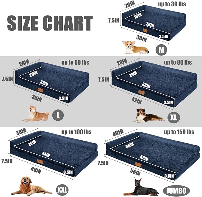 Patas Lague Orthopedic XL Dog Bed Large Sized Dog 42''X28'', Waterproof L Bolster Big Large Pet Sofa Beds with Removable Washable Cover, Soft Pet Couch Crate Mat with Nonskid Bottom, Navy Blue