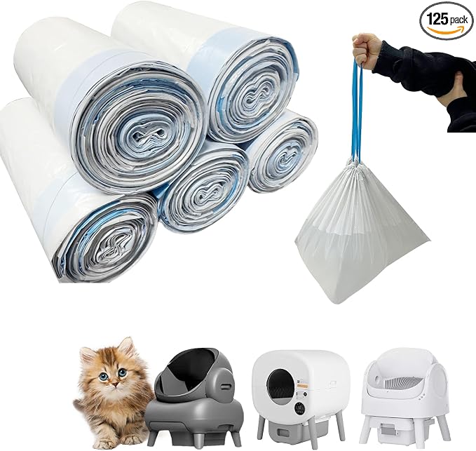 125 Counts Cat Litter Liner Bags Compatible with Neakasa and PetPivot Open-Top Pet Automatic Self Cleaning Cat Litter Box, Waste Bags, 27" x 13"Heavy Duty Replacement Trash Bags with Drawstring (Blue)