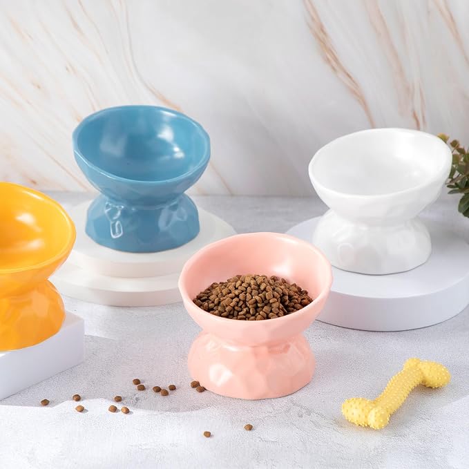 Bokon 4 Pcs Ceramic Raised Cat Bowl 6.8 oz Pet Food Bowl Anti Vomiting Pet Elevated Dog Feeder Tilted Cat Water Bowl Feeding Kitten Dishes for Small Dog Kitten(White, Yellow, Blue, Pink)