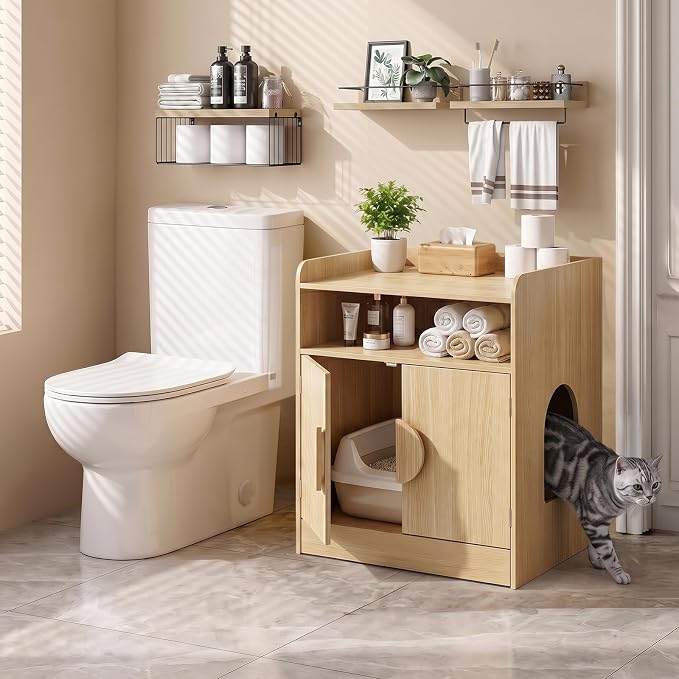 Cat Litter Box Enclosure with Pull-Out Drawer, Hidden Cat House Furniture with Storage Shelf & Cat Door, Indoor Kitty Washroom Cabinet with Litter Scoop Holder, Natural Wood