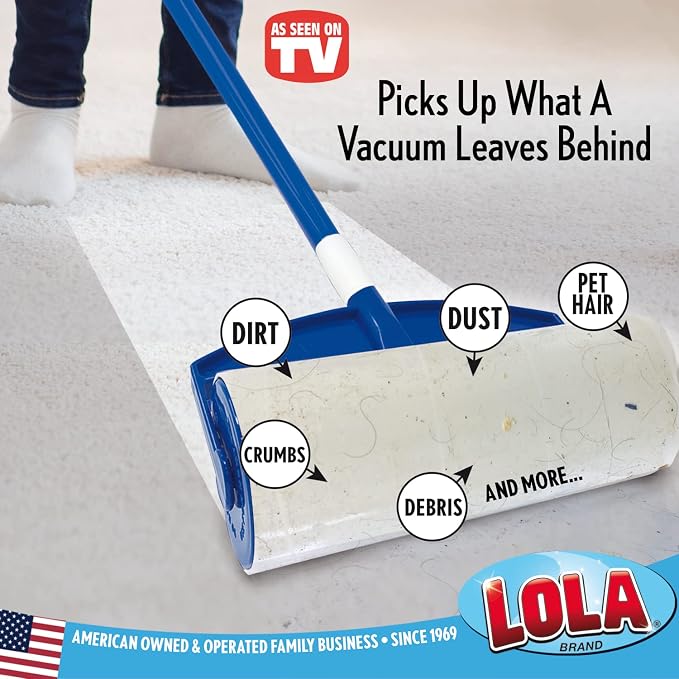 LOLA Rola PET Hair Remover Sticky Mop, Giant Floor Lint Roller, 9" x 3.5", Extender Handle, Largest Head, Traps Hair, Dust, Dirt, Extra Sticky Sheets