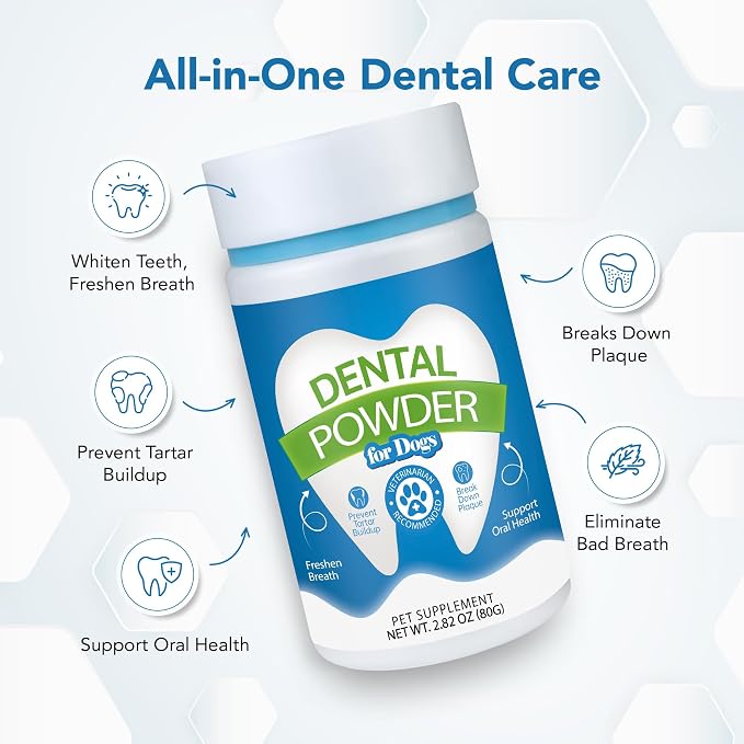 Dental Powder for Dogs - Plaque Control & Tartar Remover, Breath Freshener | Perio Support Powder for Dogs with Probiotics, Vitamins & Natural Extracts - 2.82 oz (80g)