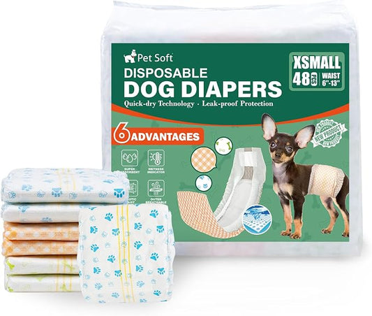 Pet Soft Disposable Dog Dipaers - Male Dog Wraps Wetness Indicator, Ultra Absorbent Puppy Diapers Male for Excitable Urination or Incontinence, 48pcs XSmall