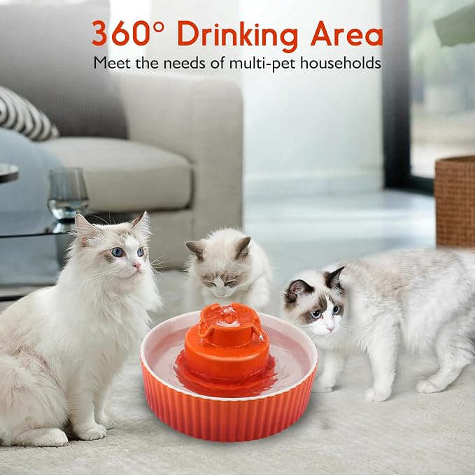 Lawfery Ceramic Cat Water Fountain, 2.1L/71oz Cat Fountain with 3 Carbon Filters and 2 Water Pumps, Cupcake Pet Water Fountain for Cats and Dogs (Orange)