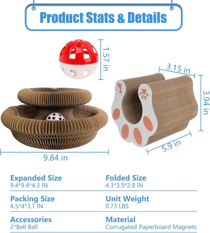 2 PCS Cat Scratcher, Foldable Magic Organ Cat Toy Scratching Board with Bell Balls, Reversible Corrugated Cardboard