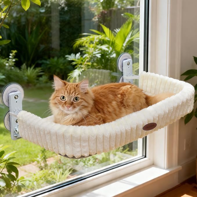 Woochpet Cordless Cat Window Perch, Large Size Hammock with 4 Strong Suction Cups, Cat Hammock for Window with Two Fabrics Cover, Foldable Bed for Cats, White