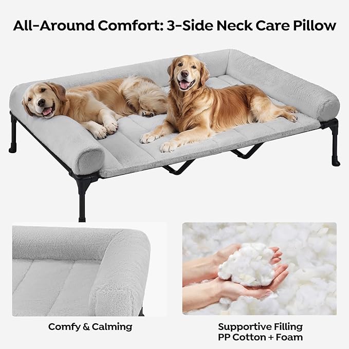 Veehoo Orthopedic Elevated Dog Bed with Fluffy Plush Bolster Cushion, Indoor Raised Dog Beds for Large Dogs, Soft Pet Sofa Cot with Removable Washable Mat, No-Slip Feet, 59 x 37 inches, Grey
