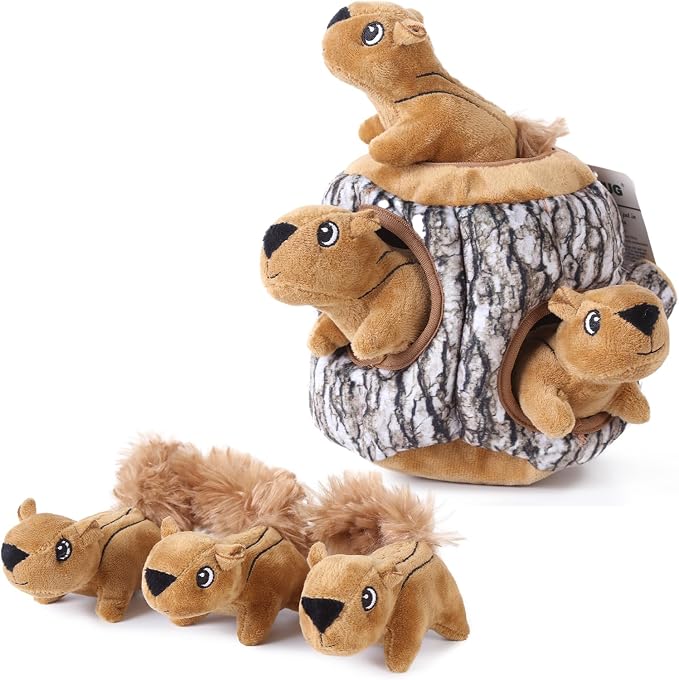 Laifug Hide and Seek Squirrel Plush Dog Toy, Interactive Squeaky Dog Toy Hide and Seek, L + Three Little Squirrels