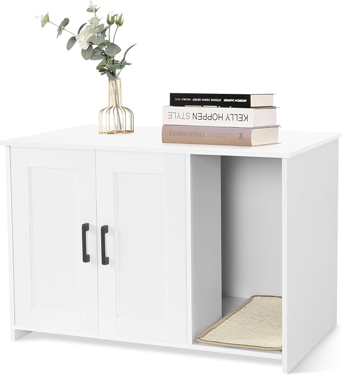 DWANTON Litter Box Enclosure, Cat Litter Box Furniture Hidden, with Scratching Mat, Wooden Cat Washroom Indoor, 31.5" L x 19.7" W x 21.7" H, White