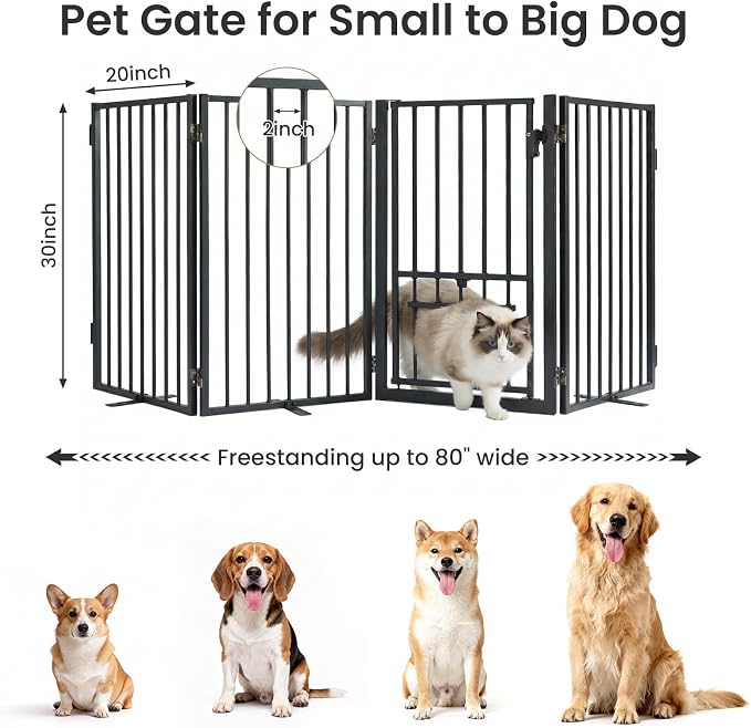 Metal Freestanding Dog Gate with Cat Door for Outdoor Indoor,80" Extra Wide Foldable Pet Fence,30" Tall Dog Gate for Large Opening,Stairs,Hallways,Doorways,Deck,Yard,with 3PCS Support(4 Panels,Black)