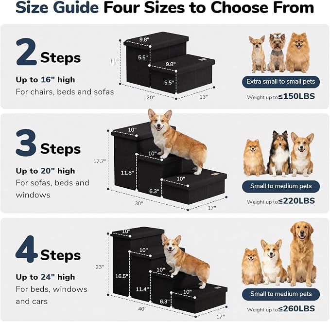 4-Step Wide Dog Stairs with Storage 23" H, Non-Slip Sturdy Pet Steps for High Bed Couch Window, Pet Stairs for Small/Medium/Large Old Dogs Cats Up to 220lbs, Cat Dog Steps for Car/SUV, Black