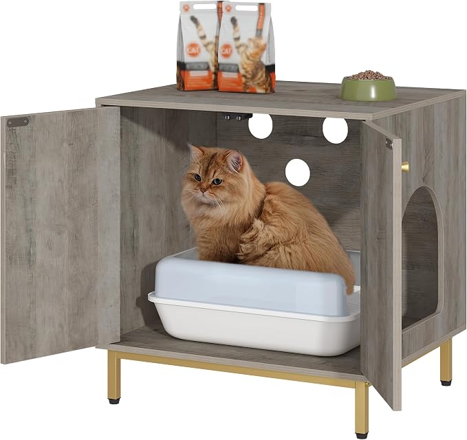 Hzuaneri Cat Litter Box Enclosure, Hidden Litter Box Furniture Cabinet, Wooden Indoor Cat House, Side End Table, Living Room, Bedroom, Greige and Gold CB81205G
