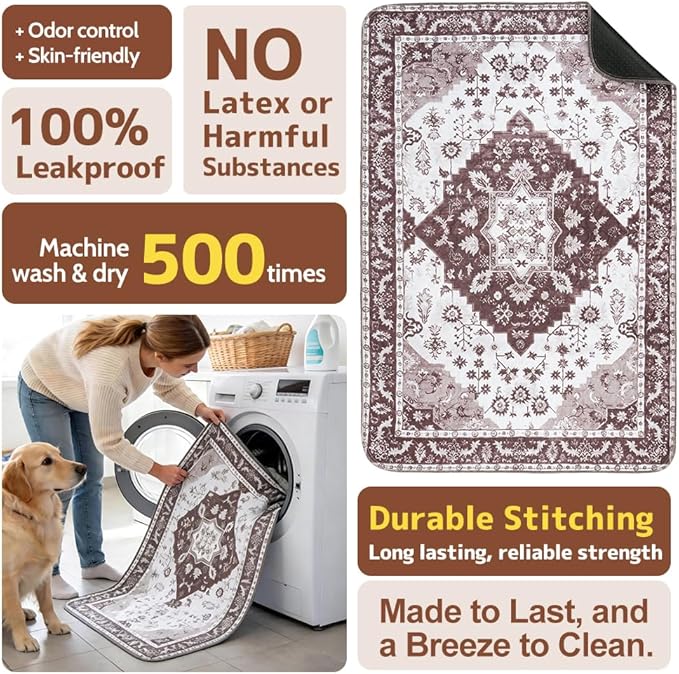 Washable Pee Pads for Dogs 2 Pack Reusable Puppy Training Pads 48"x32" Super Absorbent Waterproof Dog Training Pads, Non-Slip Potty Pads Whelping Pads Litter Mat Pet Supplies - Brown Medallion