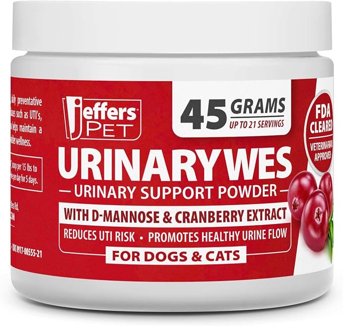 Jeffers Pet UrinaryWes Urinary Support Powder for Dogs & Cats, D-Mannose & Cranberry Supplement for Urinary Tract & Bladder Health, Kidney Support, UTI Prevention, Chicken Flavor Food Topper – 45 g