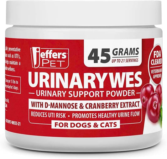 Jeffers Pet UrinaryWes Urinary Support Powder for Dogs & Cats, D-Mannose & Cranberry Supplement for Urinary Tract & Bladder Health, Kidney Support, UTI Prevention, Chicken Flavor Food Topper – 45 g