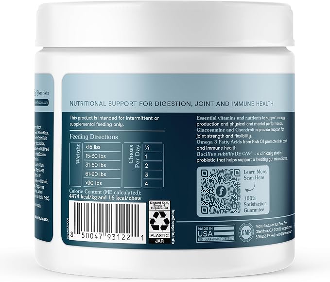 Fera Pets Dog Multivitamin Chews with Glucosamine and Probiotics - Essential Dog Vitamins & Minerals - Promotes Healthy Digestion & Joints - Boosts Skin & Coat Health with Omega-3s - 90 Soft Chews