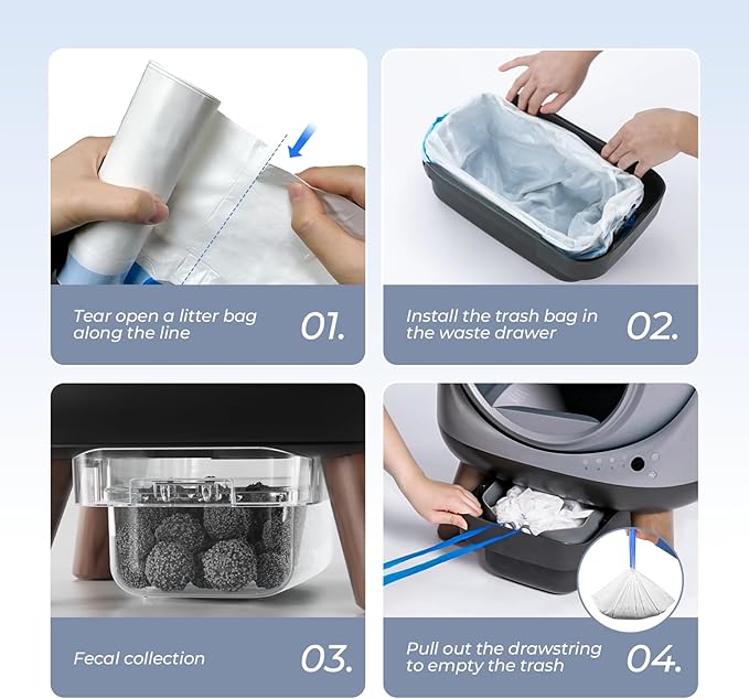 Litter Box Liners Drawstring Waste bag 6 Rolls / 120 Pcs, Heavy Duty Trash Bags, Compatible with Most of Automatic Cat Litter Box, like G1/ E2