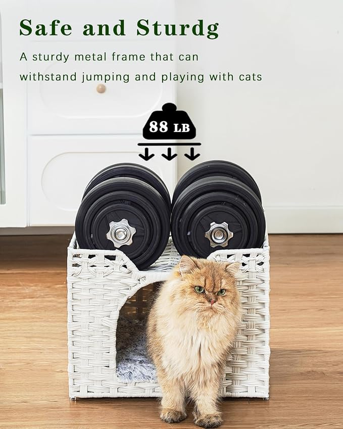 SETVSON Cat Beds Indoor Kitten House, Handwoven Rattan Cat Cave Pet Cube, Large Cat Houses, One Bed Mat, Foldable, Hideaway, 16.5x16.5x13.2 Inches, 2 S-Shaped Hooks in Living Room Bedroom White