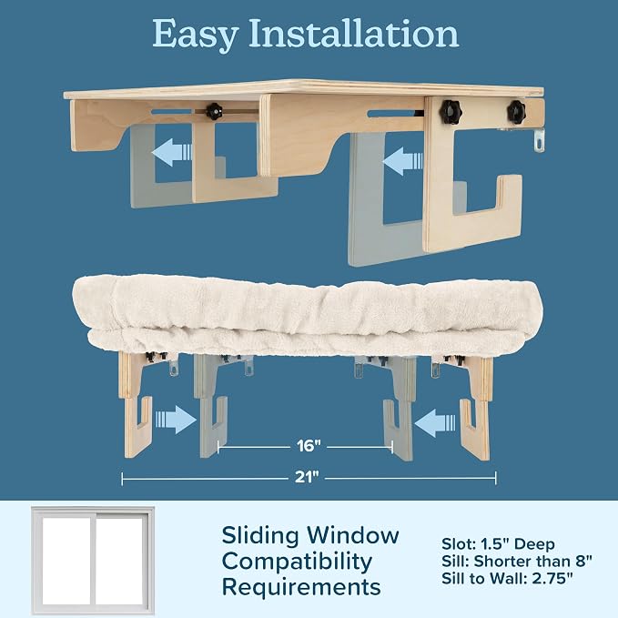 Cat Bed for Window Sill - Cat Window Perch with Bolster and Removable Washable Cover - Window Hammock with Sturdy Wood Frame for Large Cats - Pet Beds for Indoor Cats by PETMAKER (Cream)
