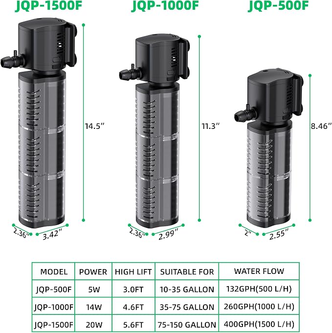 FREESEA Aquarium Fish Tank Filter: 20W 400GPH Internal Power Filter 3-Stage Filtration for 75-150 Gallon Saltwater Betta Turtle Tanks