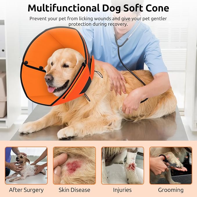 Queenmore Dog Cone Collar, Cone for Dogs to Stop Licking, Dog Cones for Medium Dogs, Adjustable Doggy Recovery Collars & Cones, Elizabethan Collar for Pets After Surgery, Orange M