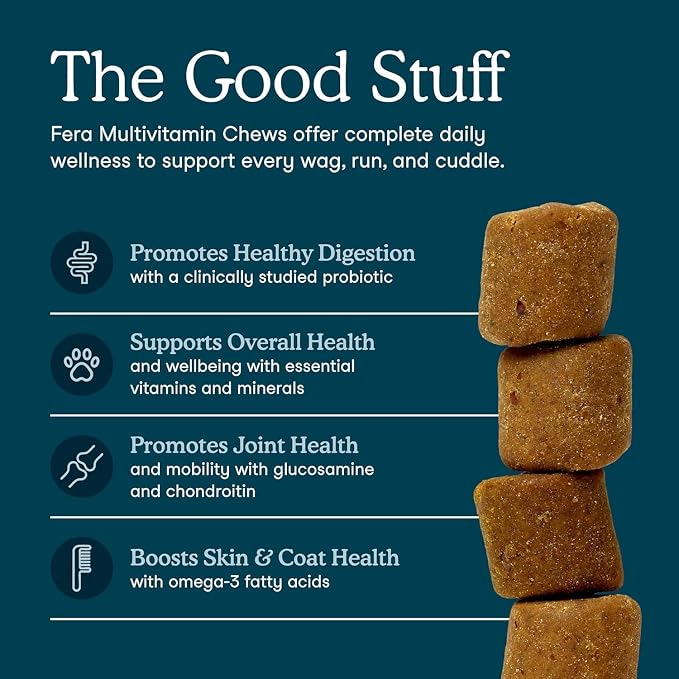 Fera Pets Dog Multivitamin Chews with Glucosamine and Probiotics - Essential Dog Vitamins & Minerals - Promotes Healthy Digestion & Joints - Boosts Skin & Coat Health with Omega-3s - 10 Soft Chews