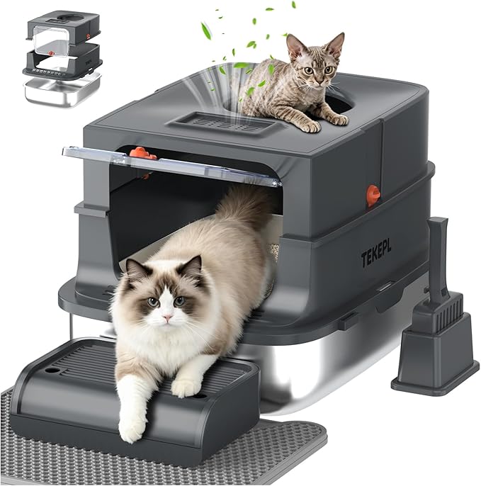Cat Litter Box - Stainless Steel Litter Box with Lid for Large &Kitty,Enclosed Litter Box Includes Litter Scoop, Elevated Step Box, and Activated Carbon Pack, 23.6“ x 16.9” x 16", Dark Gray
