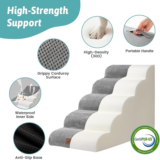 COZY KISS Wide Dog Stairs for Small Dog 22.6" H, Curved Pet Step for Puppy, Older Cat, Curved Ramp for High Bed or Car, Ladder with High Density Foam, Durable, 5 Step, 17.7x33x22.6 inch, Grey