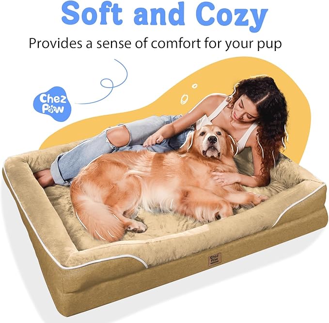 Chez Paw Large Orthopedic Dog Bed for Extra Large Dogs, Waterproof XL Egg-Crate Foam Dog Bed with Removable Washable Cover & Non-Slip Bottom, 4-Sided Bolster Support,Brown 42"x30"x7.5"