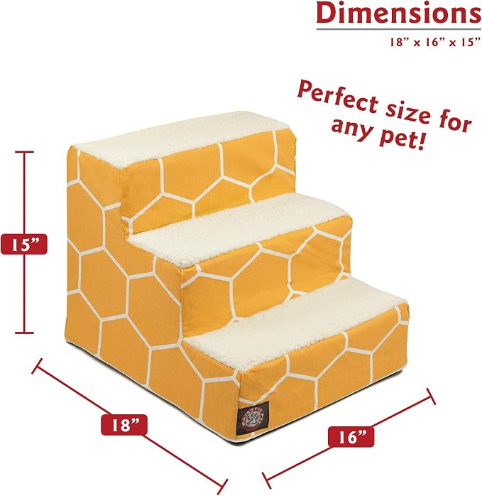 Majestic Pet 3 Step Portable Dog Stairs for Small Dogs to get on Bed Supports 25 lbs or Less – Dog Steps for High Bed with Machine Washable Cover – Pet Stairs for Cats Hexo Shapes Yellow