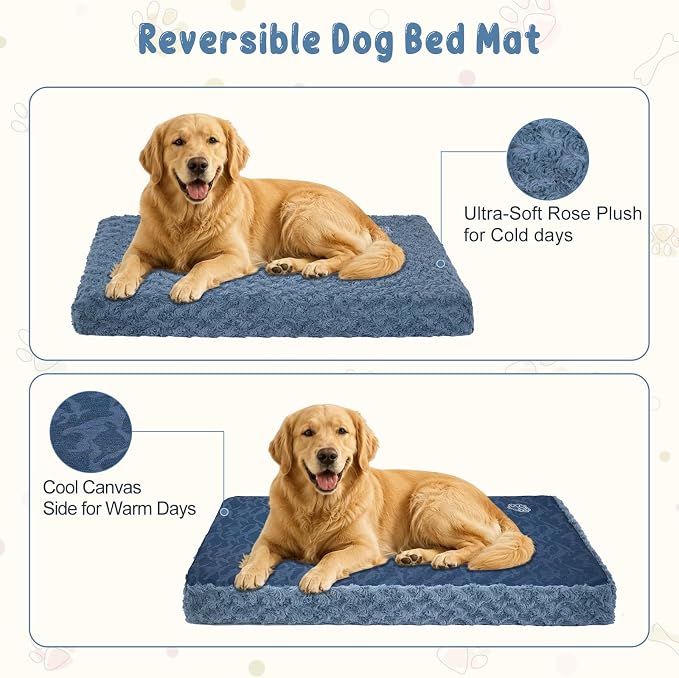 EMPSIGN Stylish Dog Bed Mat Dog Crate Pad Mattress Reversible (Cool & Warm), Water Proof Linings, Removable Machine Washable Cover, Firm Support Pet Crate Bed for Small to XX-Large Dogs, Navy/Grey