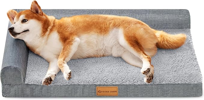 Patas Lague Orthopedic Dog Bed Medium Size Dog 30''X20'', Waterproof L Bolster Medium Pet Sofa Beds with Removable Washable Cover, Soft Pet Couch Crate Mat with Nonskid Bottom, Grey