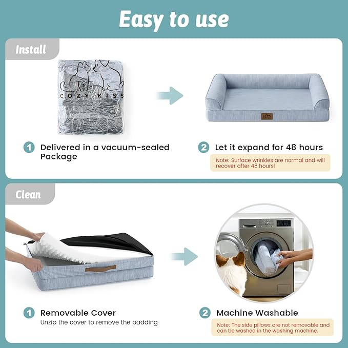 COZY KISS Cooling Dog Bed for Large Dogs, 42"x30" Orthopedic Foam Sofa with Bolster Sides, Q-Max >0.4 Cooling Technology, Cool Pet Bed with Removable Washable Cover, Blue