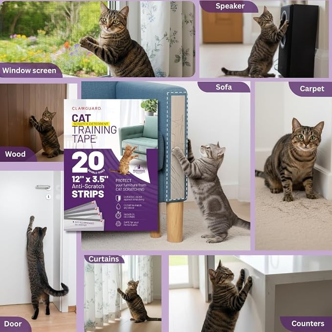 CLAWGUARD Cat Training Tape Strips – 20 Pre-Cut Double-Sided Anti Scratch Shields (12x3.5 in) – Cat Scratch Furniture Protector for Sofa & Surfaces