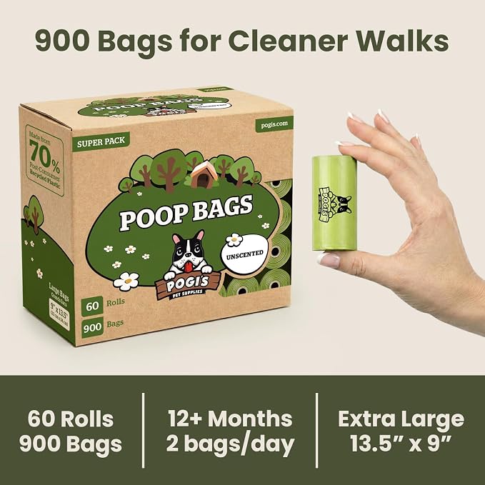 Pogi’s Dog Poop Bags – Leak-Proof & Extra Thick Pet Waste Bags (Unscented, 60 Rolls, 900-Count)