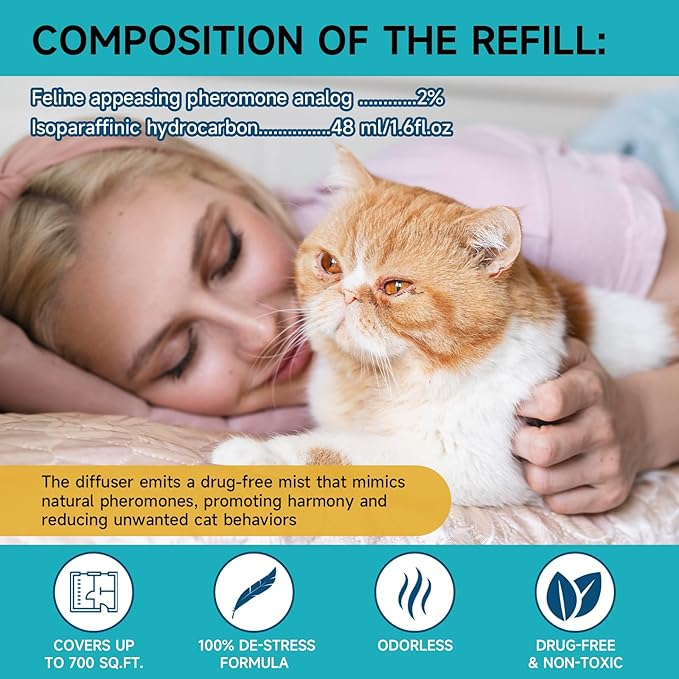12-in-1 Cat Calming Diffuser - Cat Pheromones Calming Diffuser for Cat Anxiety Relief, Cat Pheromone Diffuser Kit with 2 Diffuser + 10 Refill 48ml Vial - 300 Days Pheromone Diffuser to Calm Cats