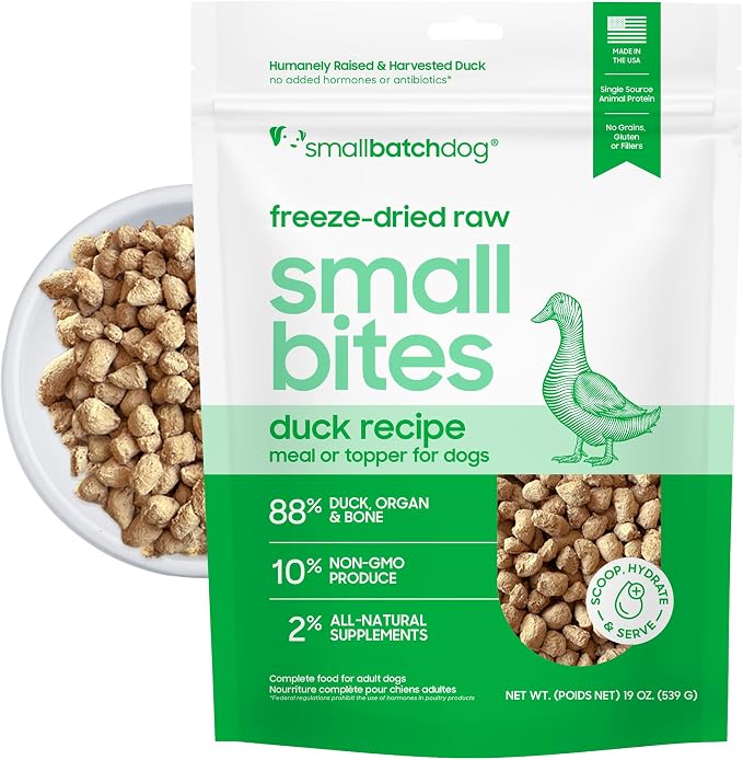 smallbatch Pets Freeze-Dried Raw Dog Food – Duck Recipe – 19oz Small Bites – High Protein, Grain Free – Complete Meal or Topper – Made in USA with Organic Superfoods 19 Oz, Duck