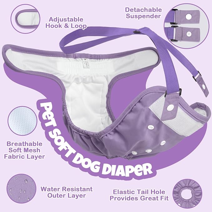Pet Soft Dog Diapers Female with Suspenders, 3 Pack Reusable Female Dog Diapers for Heat, Dog Period Panties for Doggie in Cycle(X-Small, Pinkycolor)