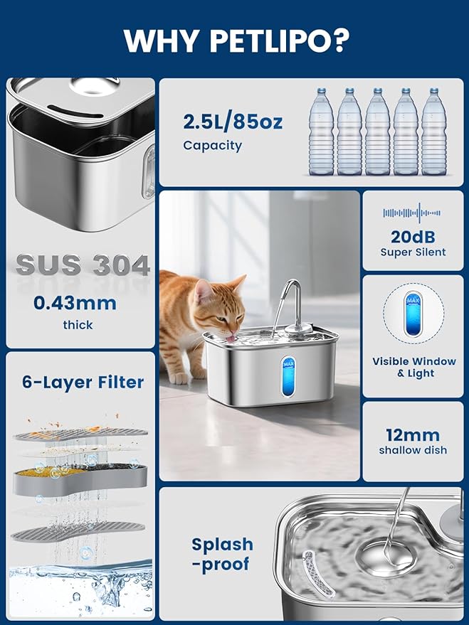 Cat Water Fountain Stainless Steel for Cats Indoor 2.5L 85oz by BPA-Free SUS304, 4pcs Effective 6-Layer Filter Cat Fountain for Drinking 20dB Ultra Quiet Metal Pet Water Fountain (Fountain+4 Filters)