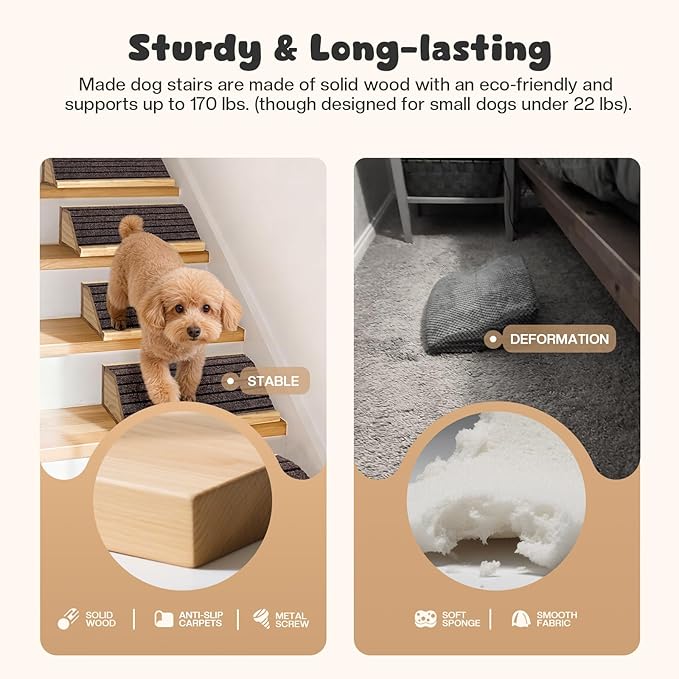 4-Pack Wooden Dog Ramp for Stairs, Anti-Slip Pet Steps for Small Dogs with Carpet Surface, Low-Angled Pet Ramps for Staircase, Steps and Stairs Assist for Injured & Aged Pets, Stairs Ramp for Dogs