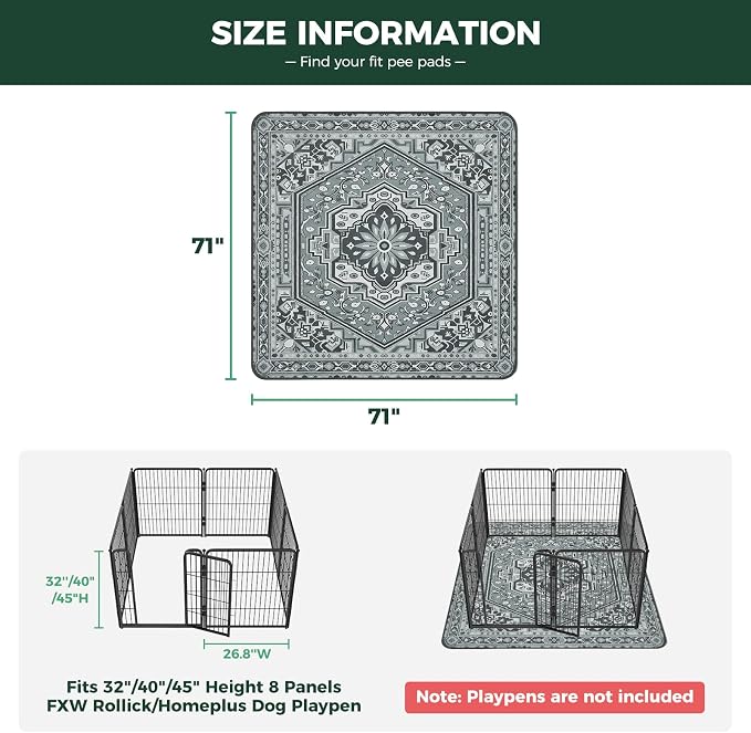 FXW Washable Pee Pads for Dogs, Puppy Pads with Super Absorbent, Specifically Designed for FXW Rollick/Homeplus 32/40/45inch 8 Panels Dog Playpen, 71" Square, Boho Grey, 1 Packs