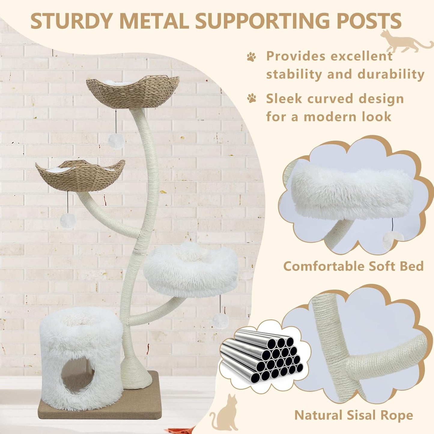 63” Tall Cat Tree Tower for Indoor Cats, Multi-Level Large Cat Climbing Furniture with Scratching Posts, Soft Perch, Cozy Cave, and Hanging Toys, Sturdy Design for Multi-Cat Households