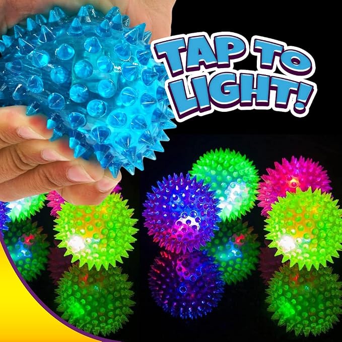JA-RU Light Up Spiky Balls for Kids (24 Pack) – Light Up Bouncy Balls, Spiky Fidget Toys for Stress Relief, Sensory Bin Filler, Bulk Party Favors, & Classroom Prizes. 695-24p