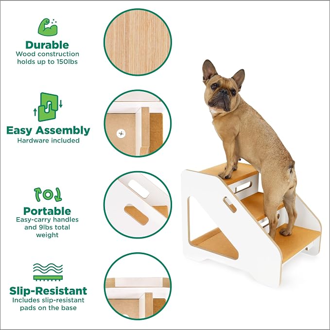 FurHaven Steady Paws 3-Step Pet Stairs – Plush Faux Fur Dog Steps for Bed and Sofa, Small Dogs & Cats, White/Tan