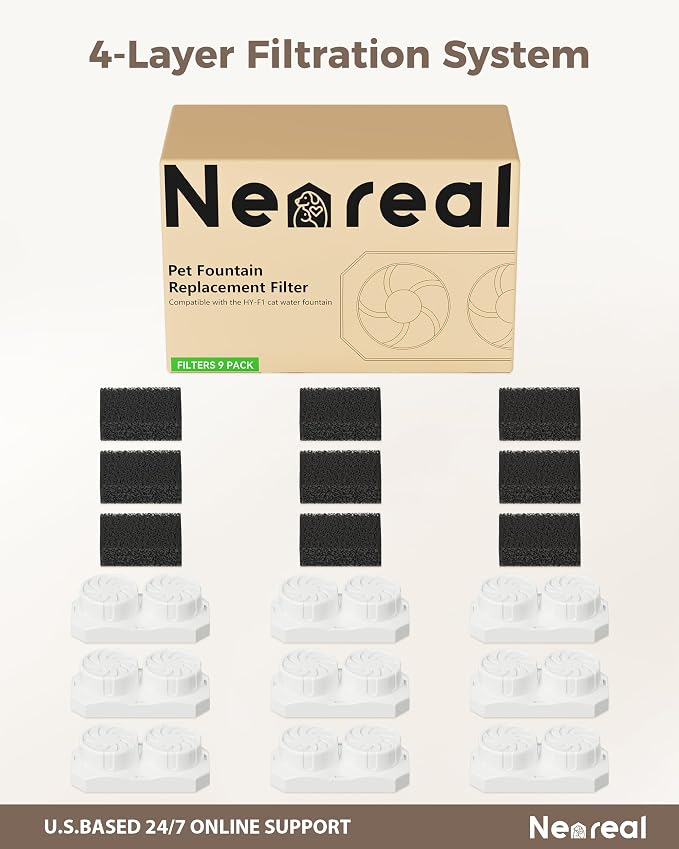 Neareal Official Cat Fountain Replacement Filters & Pre-Filter Sponges for 74oz/2.2L Stainless Steel Pet Water Fountain (9 Pack)